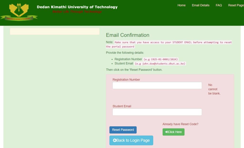 Dedan Kimathi University  For Forgot Password