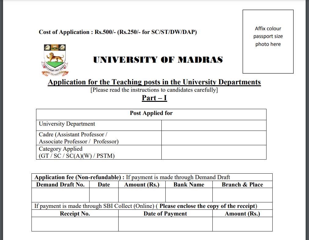 Madras University Admission Form